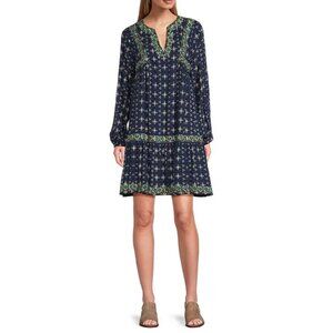 Nurture by Westbound Blue with Green White Embroidery Dress with V-Neck